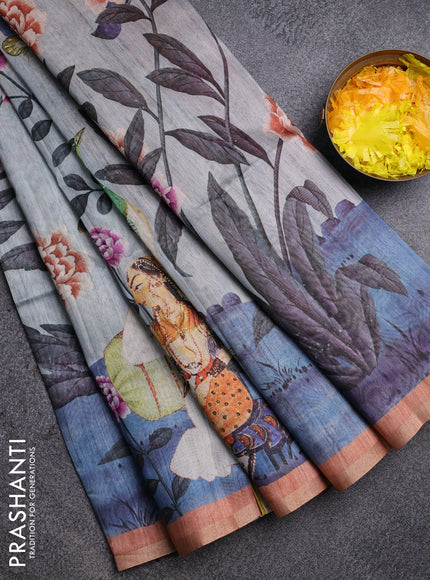 Semi tussar saree pastel grey and peach shade with allover prints and small zari woven border