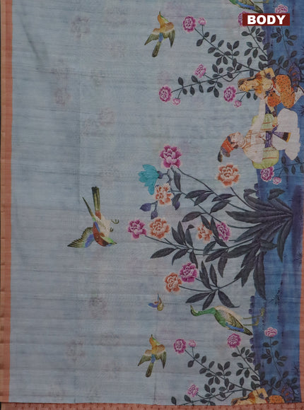 Semi tussar saree pastel grey and peach shade with allover prints and small zari woven border