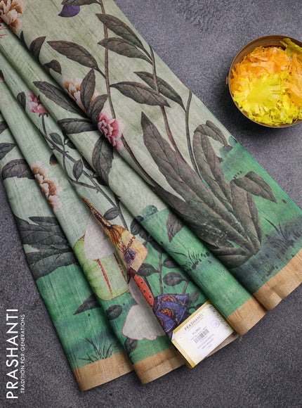 Semi tussar saree pastel green and sandal with allover prints and small zari woven border
