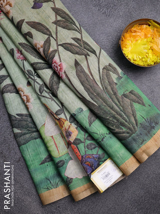 Semi tussar saree pastel green and sandal with allover prints and small zari woven border