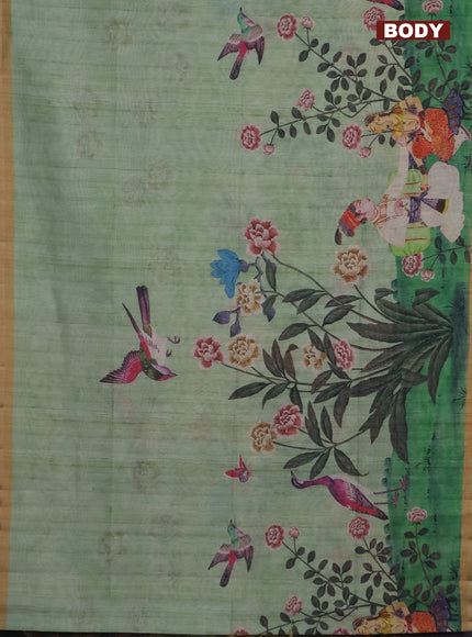 Semi tussar saree pastel green and sandal with allover prints and small zari woven border