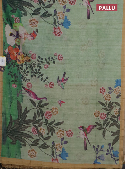 Semi tussar saree pastel green and sandal with allover prints and small zari woven border