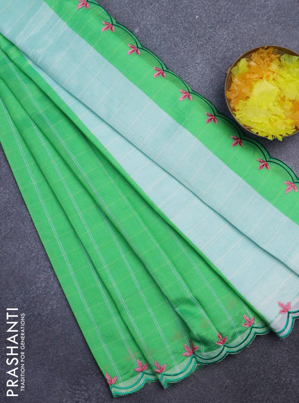 Semi Mangalgiri silk cotton saree green with checked pattern and embroidery work border