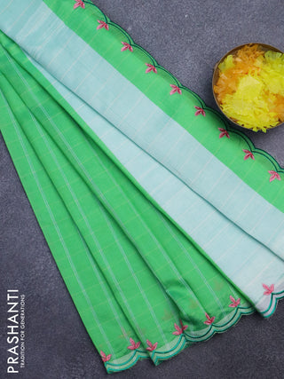 Semi Mangalgiri silk cotton saree green with checked pattern and embroidery work border