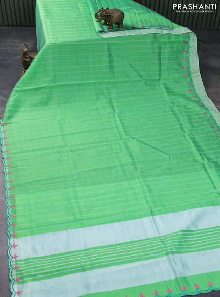 Semi Mangalgiri silk cotton saree green with checked pattern and embroidery work border