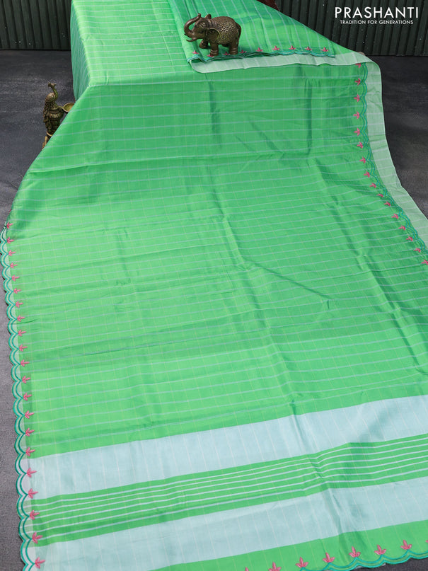 Semi Mangalgiri silk cotton saree green with checked pattern and embroidery work border