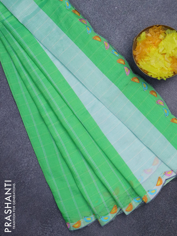 Semi Mangalgiri silk cotton saree green with allover silver zari checks & embroidery work buttas and embroidery work border