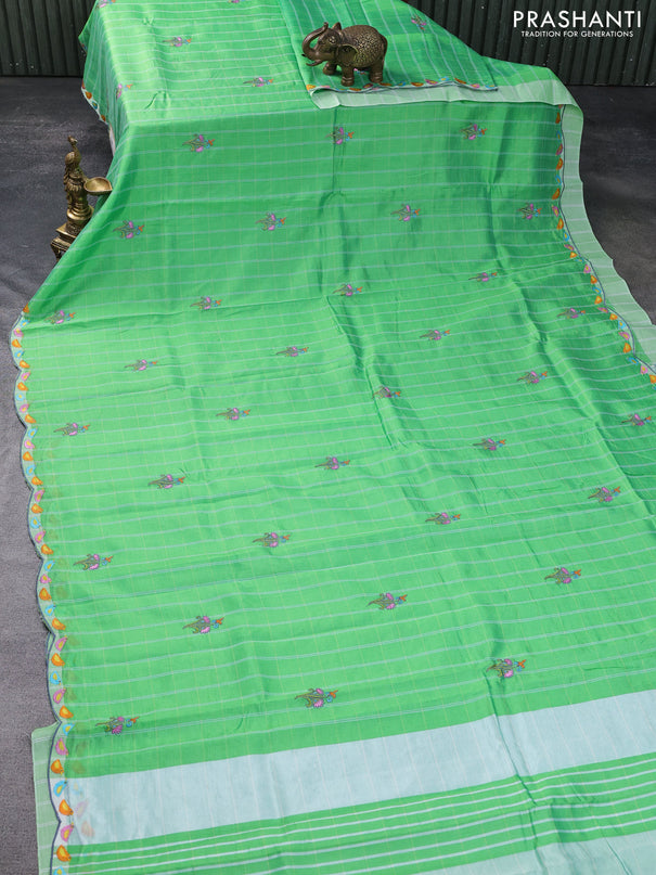 Semi Mangalgiri silk cotton saree green with allover silver zari checks & embroidery work buttas and embroidery work border