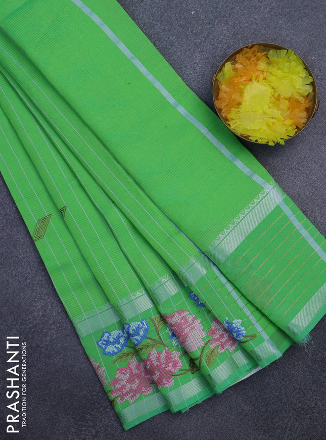 Semi Mangalgiri silk cotton saree light green with stripes pattern & embroidery work buttas and floral design embroidery work border