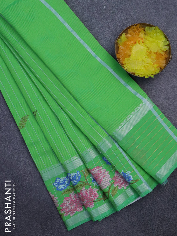 Semi Mangalgiri silk cotton saree light green with stripes pattern & embroidery work buttas and floral design embroidery work border