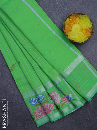Semi Mangalgiri silk cotton saree light green with stripes pattern & embroidery work buttas and floral design embroidery work border