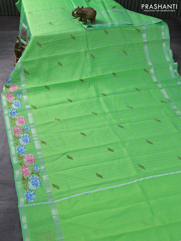 Semi Mangalgiri silk cotton saree light green with stripes pattern & embroidery work buttas and floral design embroidery work border