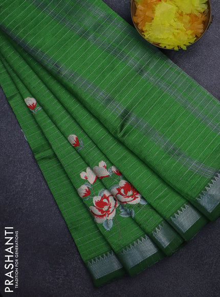 Semi Mangalgiri silk cotton saree green with allover silver zari checks & embroidery work buttas and silver zari woven border