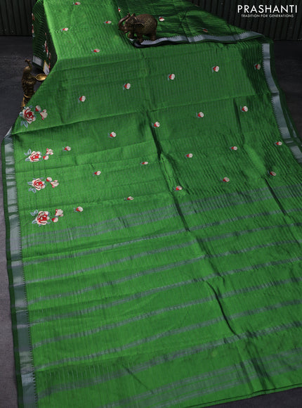 Semi Mangalgiri silk cotton saree green with allover silver zari checks & embroidery work buttas and silver zari woven border