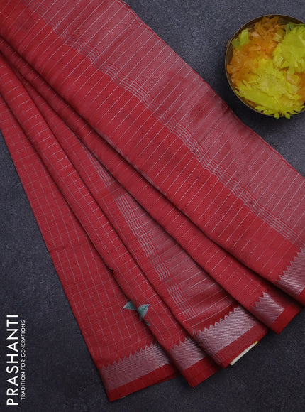 Semi Mangalgiri silk cotton saree red shade with allover silver zari checks & embroidery work buttas and silver zari woven border