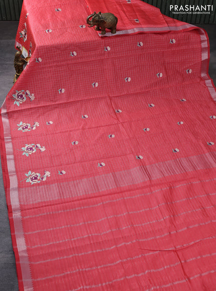 Semi Mangalgiri silk cotton saree red shade with allover silver zari checks & embroidery work buttas and silver zari woven border