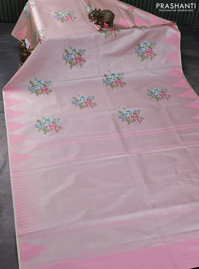 Tissue saree pastel pink with embroidery work buttas and temple design zari border