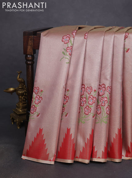 Tissue saree rust shade with embroidery work buttas and temple design zari border