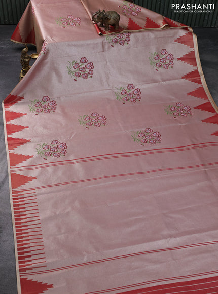 Tissue saree rust shade with embroidery work buttas and temple design zari border