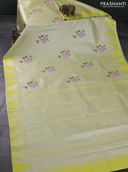 Tissue saree lime yellow with embroidery work buttas and temple design zari border