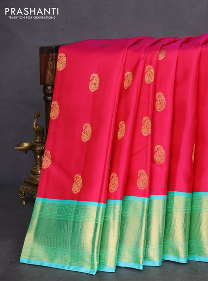 Pure kanchipuram silk saree pink and teal shade with zari woven paisley buttas and zari woven border