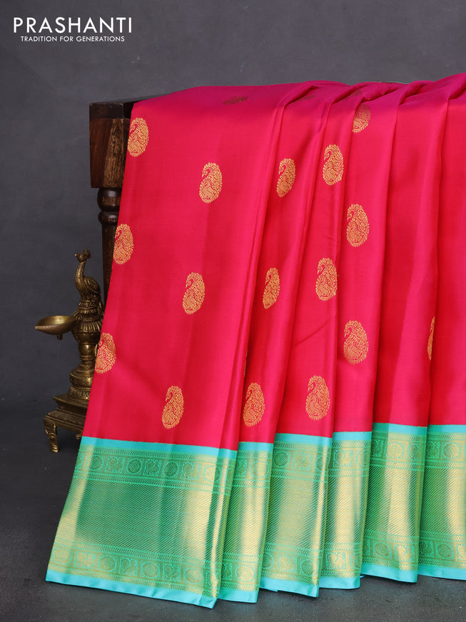 Pure kanchipuram silk saree pink and teal shade with zari woven paisley buttas and zari woven border
