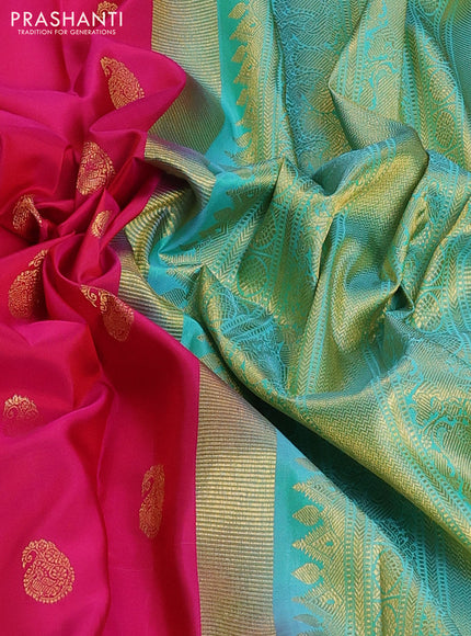 Pure kanchipuram silk saree pink and teal shade with zari woven paisley buttas and zari woven border