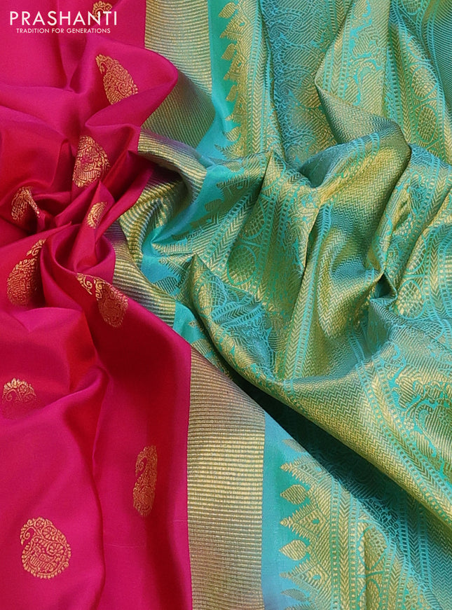 Pure kanchipuram silk saree pink and teal shade with zari woven paisley buttas and zari woven border