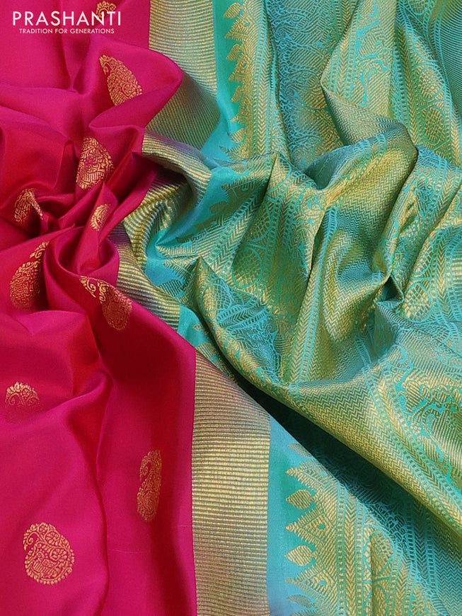 Pure kanchipuram silk saree pink and teal shade with zari woven paisley buttas and zari woven border