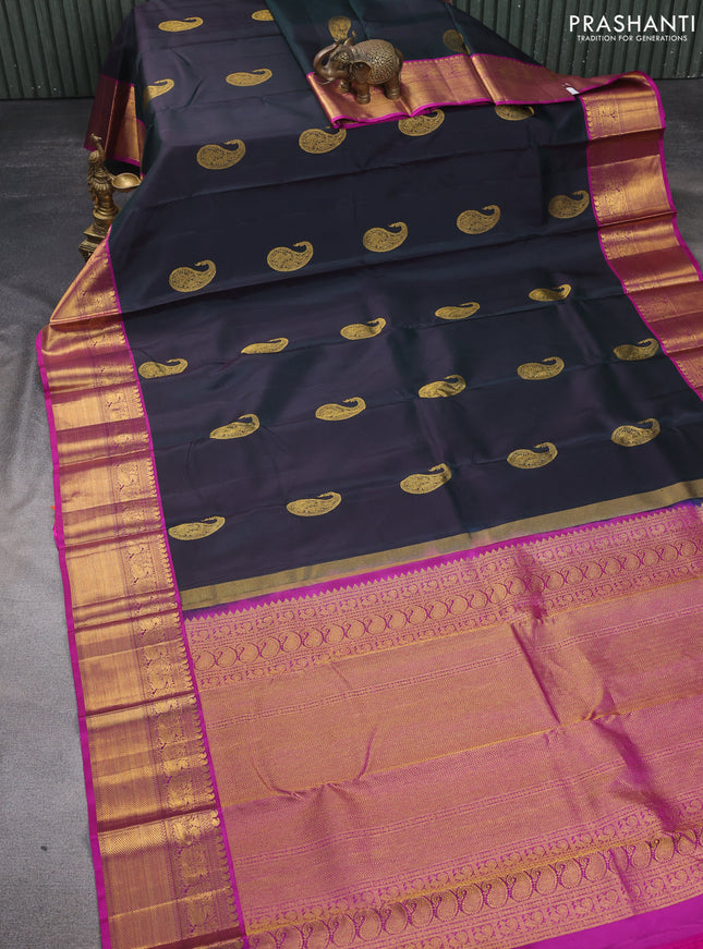 Pure kanchipuram silk saree bottle green and magenta pink with zari woven paisley buttas and zari woven annam border