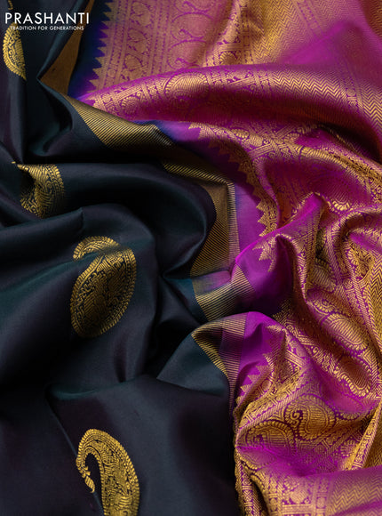 Pure kanchipuram silk saree bottle green and magenta pink with zari woven paisley buttas and zari woven annam border