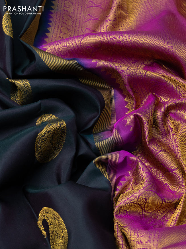 Pure kanchipuram silk saree bottle green and magenta pink with zari woven paisley buttas and zari woven annam border
