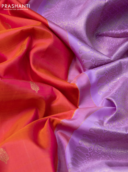 Pure kanchipuram silk saree dual shade pinkish orange and lavender shade with zari woven buttas and zari woven korvai border