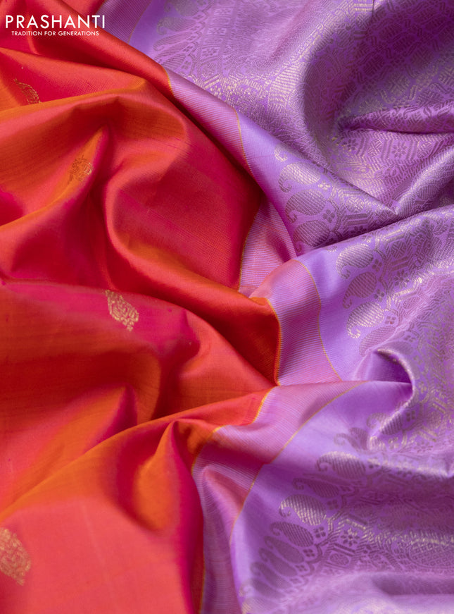 Pure kanchipuram silk saree dual shade pinkish orange and lavender shade with zari woven buttas and zari woven korvai border