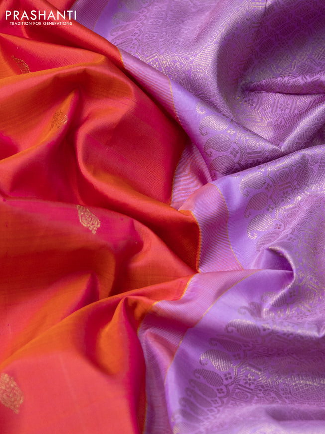Pure kanchipuram silk saree dual shade pinkish orange and lavender shade with zari woven buttas and zari woven korvai border