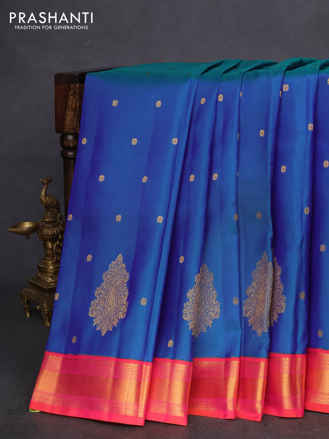 Pure kanchipuram silk saree dual shade of bluish green and dual shade of pink with allover zari woven buttas and zari woven border