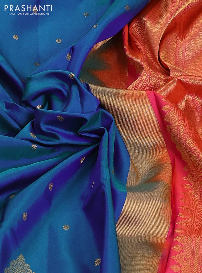 Pure kanchipuram silk saree dual shade of bluish green and dual shade of pink with allover zari woven buttas and zari woven border