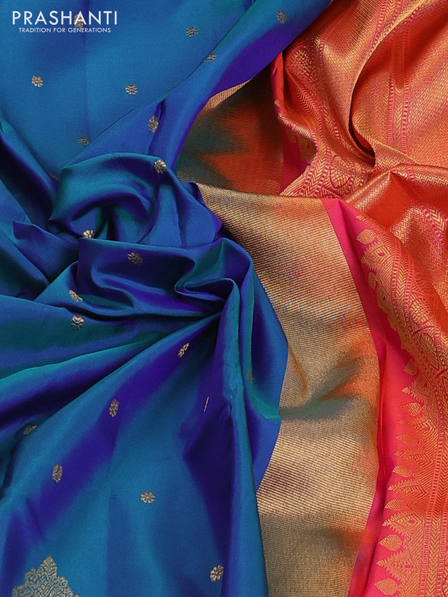 Pure kanchipuram silk saree dual shade of bluish green and dual shade of pink with allover zari woven buttas and zari woven border