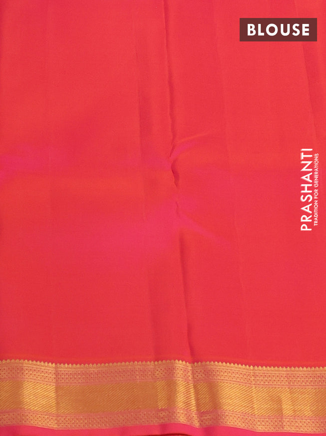 Pure kanchipuram silk saree dual shade of bluish green and dual shade of pink with allover zari woven buttas and zari woven border