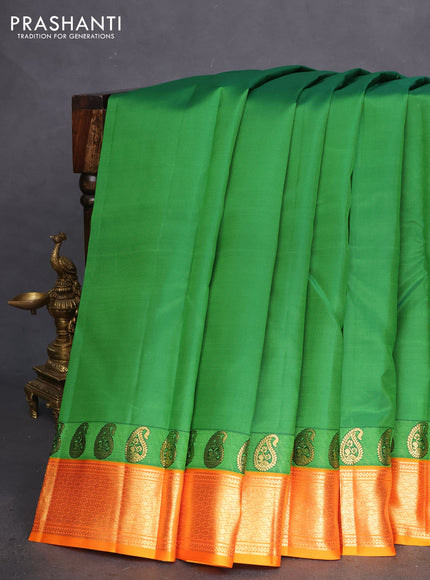 Pure kanchipuram silk saree green and orange shade with zari woven buttas and paisley design zari woven border