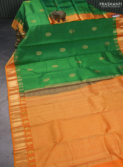 Pure kanchipuram silk saree green and orange shade with zari woven buttas and paisley design zari woven border