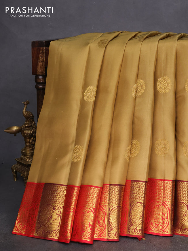 Pure kanchipuram silk saree drak sandal and maroon red with zari woven buttas and zari woven border