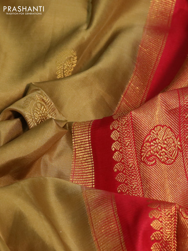 Pure kanchipuram silk saree drak sandal and maroon red with zari woven buttas and zari woven border