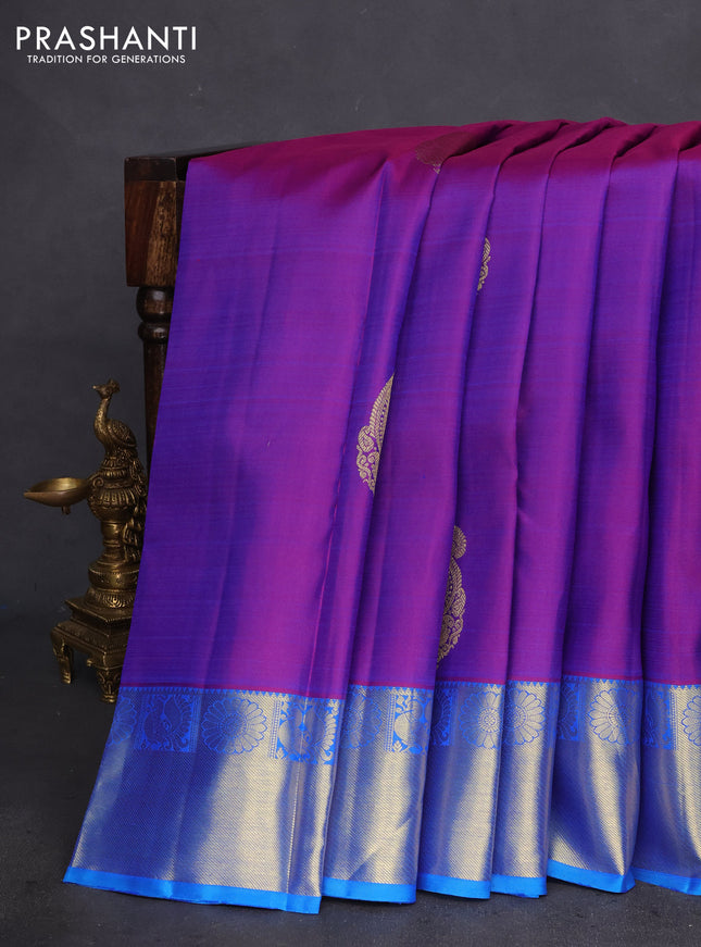 Pure kanchipuram silk saree dual shade of purple and dual shade of teal with zari woven buttas and zari woven border