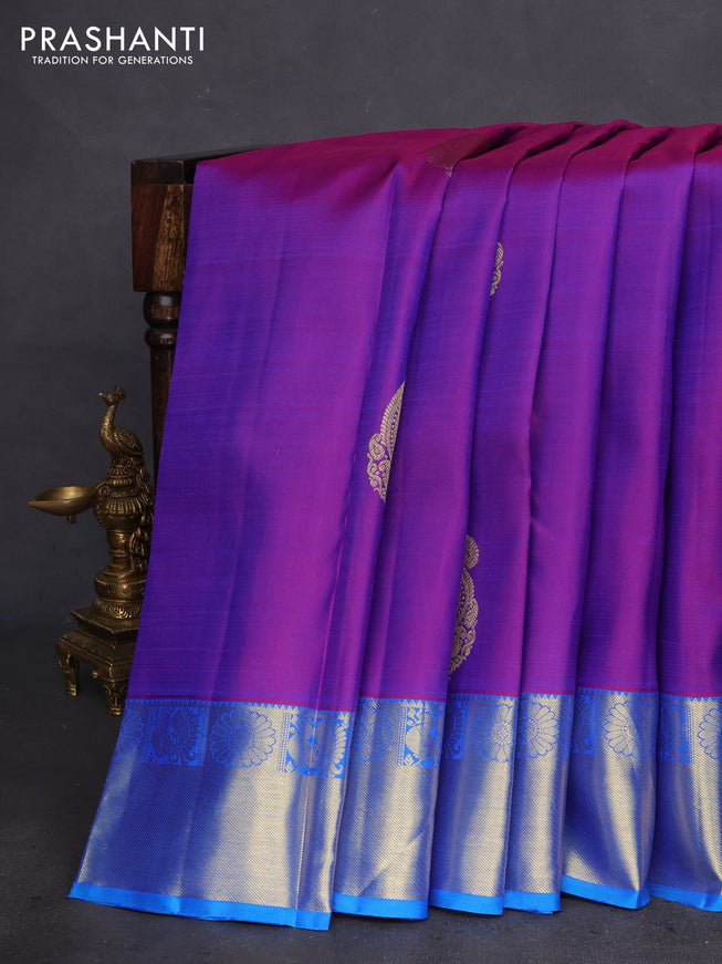 Pure kanchipuram silk saree dual shade of purple and dual shade of teal with zari woven buttas and zari woven border