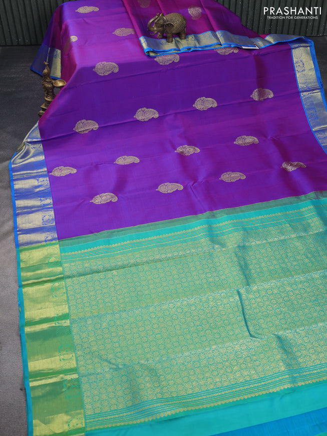 Pure kanchipuram silk saree dual shade of purple and dual shade of teal with zari woven buttas and zari woven border
