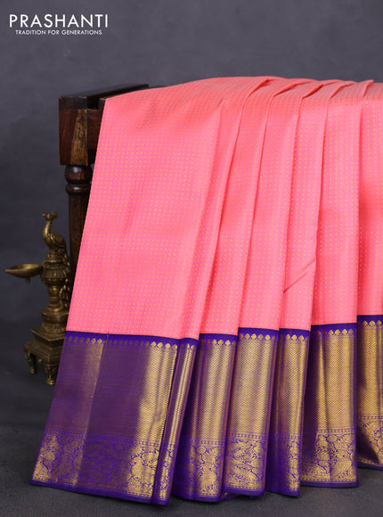 Pure kanchipuram silk saree peach pink and blue with allover zari butta weaves and zari woven korvai border