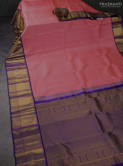 Pure kanchipuram silk saree peach pink and blue with allover zari butta weaves and zari woven korvai border