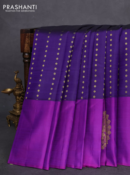 Pure kanchipuram silk saree dark blue and purple with allover zari woven floral 1000 buttas and zari woven peacock butta border