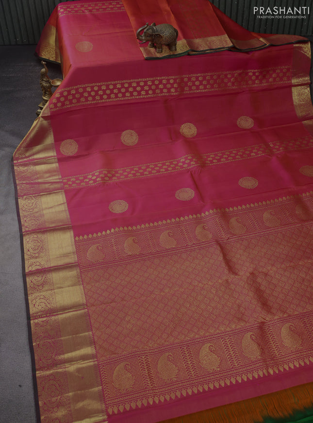 Pure kanchipuram silk saree dual shade of pinkish orange and green with zari weaves & buttas and zari woven border